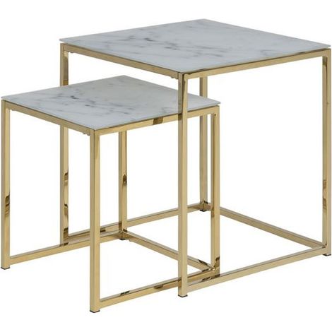 Almaz Einschubtische 2 stk. aus Glas mit weissen Marmor print und goldenen Chrom Beinen.