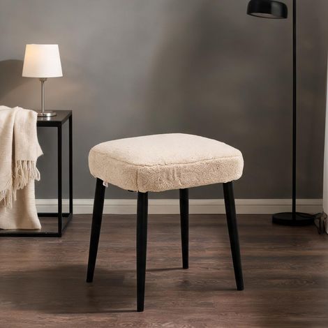 Pouf carré en polyester aspect cachemire beige avec piètement (1/5)