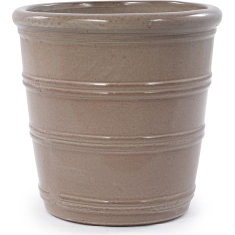 Handgefertigter Keramiktopf Ø 24 cm taupe glänzend mit Rillen und Ablaufloch (1/5)