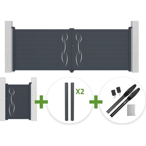 Portail battant 4m LIFE H.140cm gris + Portillon 1m LIFE H.140cm + 4 poteaux ELDA + motorisation Hicker B200 (1/5)