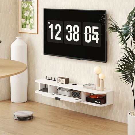 Mobile porta TV a parete da 120 cm, supporto per TV fino a 50 pollici, cassetto a ribalta, 2 ripiani, 120x24x16 cm, bianco (1/5)