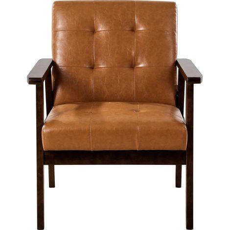 Sessel aus Massivholz und PU-Leder im Mid-Century-Stil, 105° Rückenlehne, breiter Sitz für Wohnzimmer, Schlafzimmer oder Büro (1/5)