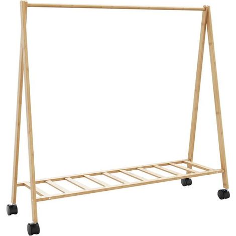 Portant à vêtements avec étagère et roulettes, dimensions : 106 x 34 x 106,5 cm, en bambou. (1/5)