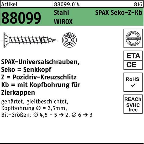 Vis à tête fraisée-S Spax avec alesage tête, filetage complet cruciforme PZ2 5,0x70 UE 200