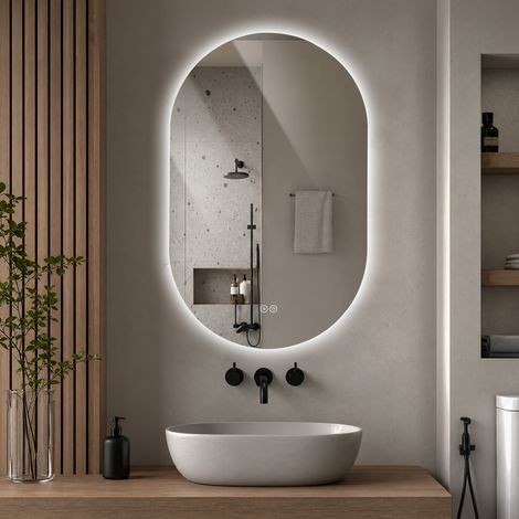 Miroir de salle de bain LED 60 x 90 cm, forme capsule, sans cadre, rétroéclairage, fonction antibuée, 3 couleurs de lumière, intensité variable en continu, fonction mémoire et verre de sécurité trempé (1/5)
