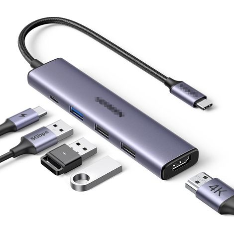 Hub USB-C PD 100 W, HDMI 4K, 3 ports de données USB-A — Adaptateur multiport compatible avec iPhone 15, Galaxy S24, Surface, MacBook Pro/Air, iPad Pro/Air, Steam Deck, etc. (1/5)