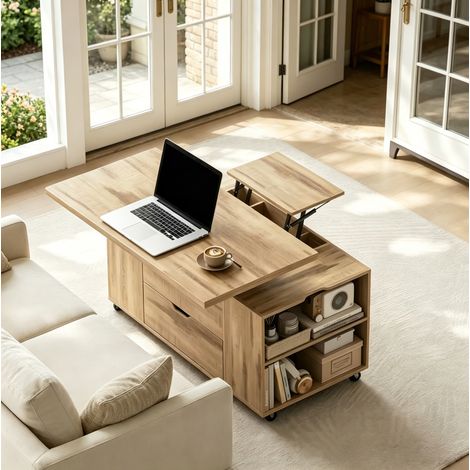 Mesa de Centro Elevable Rectangular con 1 Cajón, Compartimento Oculto y Ruedas con Freno, Madera y Metal, Roble Claro (1/5)