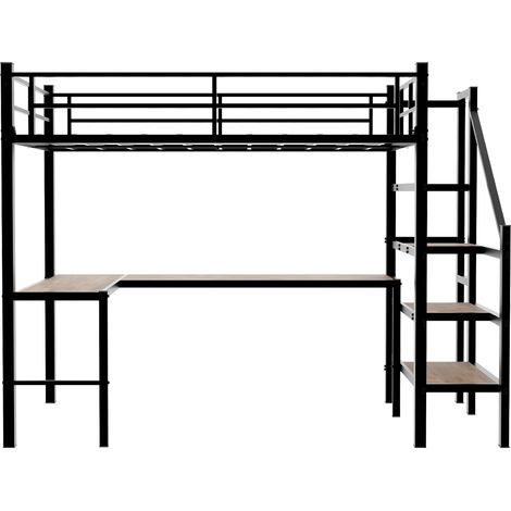 Letto a soppalco in metallo nero con scrivania ad angolo 90 x 190 cm e ripiani (1/5)