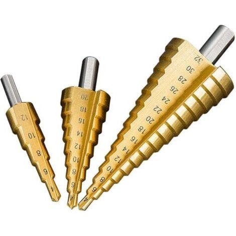 Lot de 3 pcs Foret Fraise Meche Etage, Foret Conique Fraise à Etages Echelle en acier, HSS 4-12/4-20/4-32-- (1/5)
