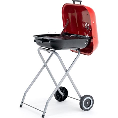 Barbacoa de Carbón Portátil Plegable en Acero con Ruedas Kekai Flathead 50x47x79 cm de Forma Cuadrada en Color Esmaltado Rojo (1/5)