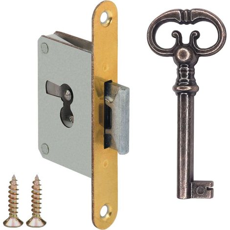 Serratura a incasso per mobili antichi – Chiave di ricambio inclusa – Larghezza 44 mm – Spessore 9 mm – Profondità 30 mm – Piastra frontale rivolta verso l'alto (1/4)