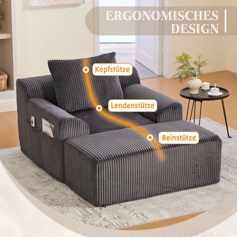 Grand fauteuil gris corde en velours côtelé, livré avec repose-pieds, poches latérales et coussin inclus assise douce sans cadre, emballé seul prêt à l'emploi, parfait pour la détente ou la lecture