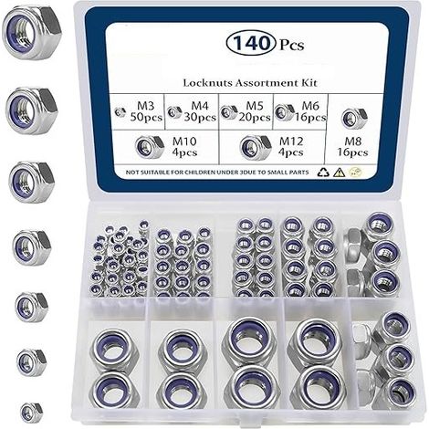 140-teiliges Set Sicherungsmuttern mit Nylon-Einsatz, selbstsichernde metrische Muttern von M3 bis M12 für sichere Befestigung (1/4)