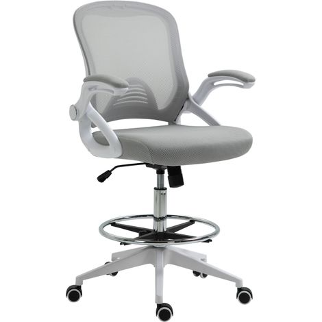 Chaise de bureau ergonomique avec accoudoirs rabattables et repose-pieds réglable, fonction bascule, revêtement maille gris clair