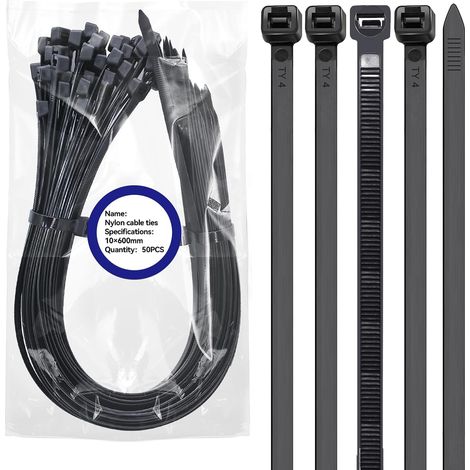 50 Pièces Noir Large Attaches de Câble, Extra Longue 600 × 8,8 mm Cde Câble Resistant UV, Serre Câbles Nylon, 90 kg Heavy Duty Zip Ties, Refermables Attache Câble (1/5)