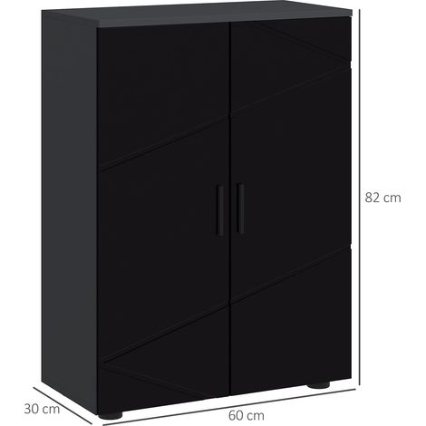 Meuble de salle de bain avec deux portes en bois, trois étagères et mécanisme de fermeture douce, 60x30x82cm, noir brillant. (1/5)