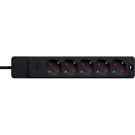 Multipresa con spina 16A piegata a 90°, 5 prese bipasso/schuko 10A/16A, cavo 1,5 metri, con interruttore, nero, serie Emilia Specialist - Rosi RS8522N