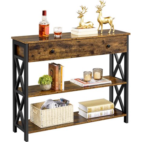 Homevive Mesa Consola Recibidor con Cajon Grande Mesa de Entrada de 3 Niveles para Salón Mesa Auxiliar de Estilo Industrial Gris 100x29.5x81cm Marrón (1/5)