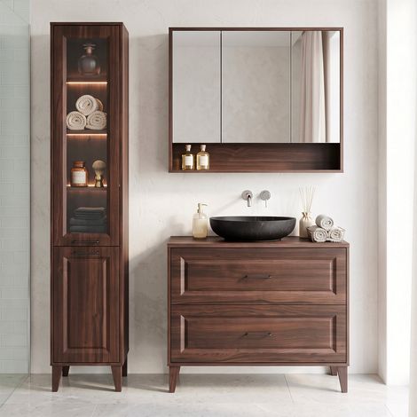 Waschtisch-Set Einzelwaschbecken 100 cm Hochschrank und Spiegelschrank Moka Dunkelholz (1/5)