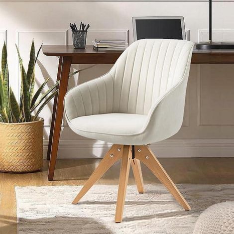 Drehstuhl Esszimmer Beige Samt mit Armlehnen und Holzbeinen (1/5)