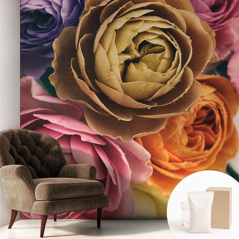 Tapete Vliestapete mit Kleber - modernes Design - Wohnungsdeko - geruchslos - langlebig Bunte Rosen 250x250 cm (1/5)