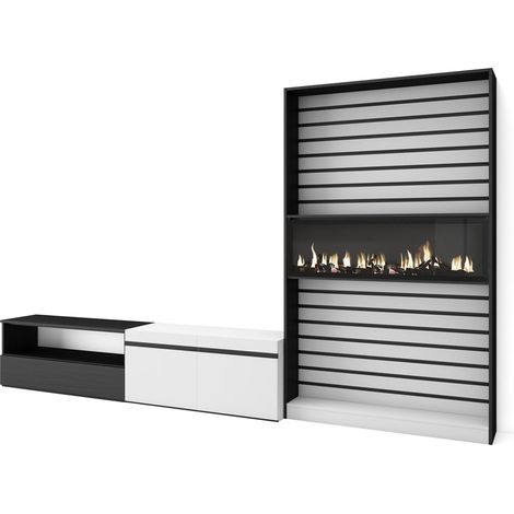 Skraut Home - Muebles de Salón para TV, Conjunto de muebles comedor, 310x186x35cm, Para TV hasta 80", Chimenea eléctrica, Estilo Moderno, Blanco y negro (1/5)