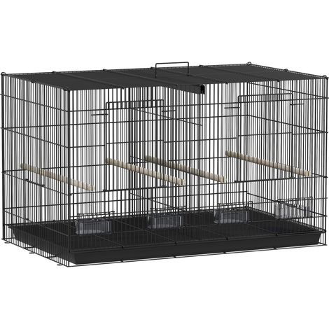 Cage oiseaux volière intérieure en acier noir avec séparateur, 4 perchoirs, tiroir coulissant, 4 distributeurs, 76 x 46 x 46 cm (1/5)