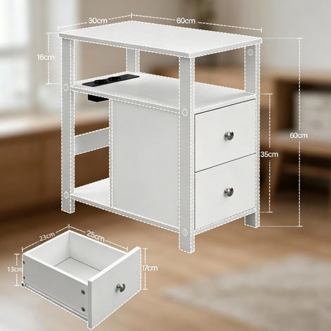 Mesa auxiliar 60x30x60 cm blanca en madera con 2 cajones, estantes y enchufes USB (1/3)