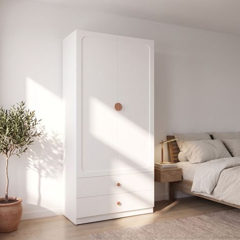 MODFU – Armadio 90x45x200 cm in MDF/legno massello con 2 ante, 2 cassetti, appendiabiti e carico 30 kg – Bianco (1/5)