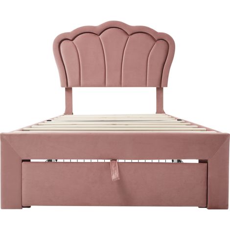 Letto singolo 90 x 190 cm in velluto rosa con cassetto, rete a doghe e testiera regolabile, HOMVRA (1/5)