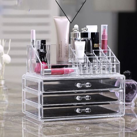 Organizador de cosméticos Relaxdays de 2 piezas, caja de almacenamiento de maquillaje con 12 portalápices, transparente