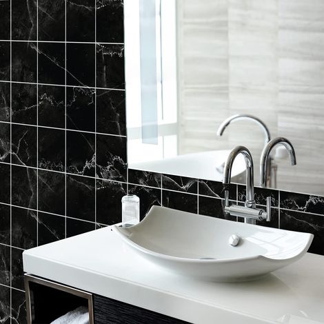 Sticker Mural Carrelage adhésif Cuisine Salle de Bain - 24 Stickers Carreaux DE Ciment MARBRE Noir DE Rio - 24stickers10x10cm (1/5)