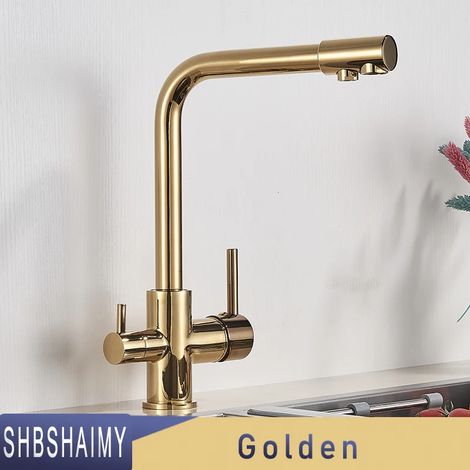 Robinet de cuisine à filtre (doré), chromé, pour eau potable pure, montage sur plage, double poignée, mitigeur 3 voies eau chaude/eau froide (1/5)