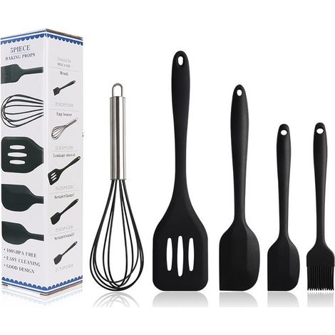 Set di 5 utensili da cucina : la raclette pasticceria raschietto in silicone antiaderente, pennello e battente, utensili resistenti al calore raschietto in silicone nero. (1/5)