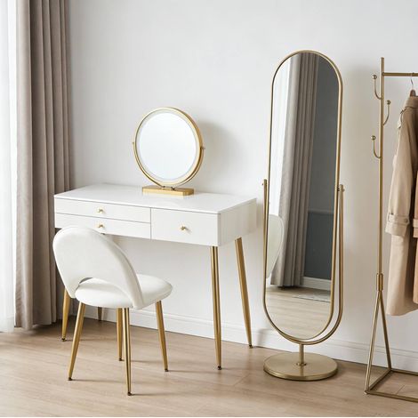 Tocador con espejo LED 100x40x122 cm, 3 cajones, silla ajustable, metal y MDF, blanco y dorado (1/5)