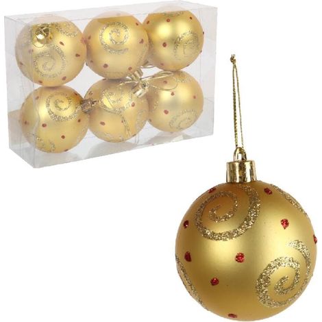 Lot de 6 boules de Noël en plastique décorées, 6 cm, dorées (1/3)