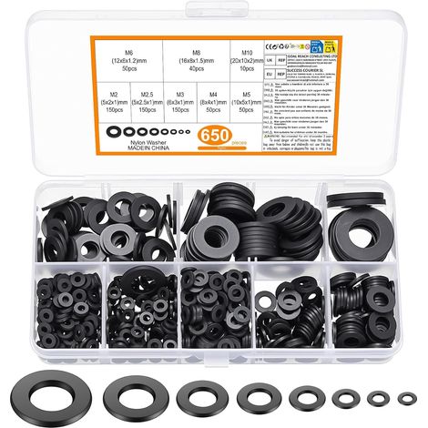650 pièces Rondelles Nylon Plates, Rondelles de Carrosserie en Plastique, Entretoises Joint D'étanchéité pour Vis Isolation - Noir, M2/M2,5/M3/M4/M5/M6/M8/M10 (1/5)