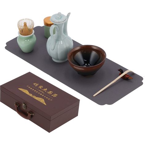 1 Kit Outils Thé Matcha, Bol Céramique, Fouet Bambou, Cuillère, Support, Boîte de Rangement, Tapis, Cérémonie du Thé (1/5)