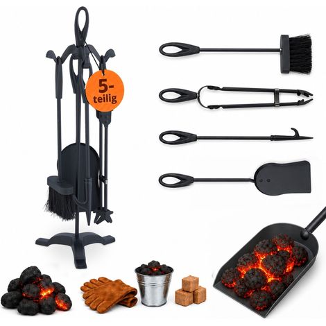 Relaxdays Kaminbesteck 5tlg. Set, Schürhaken, Ascheschaufel, Besen, Zange und Ständer, Kamingarnitur, Kamin, schwarz (1/5)