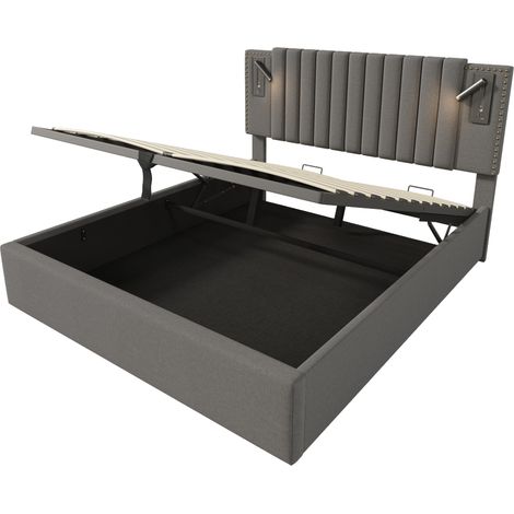 Cama doble tapizada 140x200 cm con almacenamiento, luz LED de lectura y puertos USB/USB-C, gris (1/5)