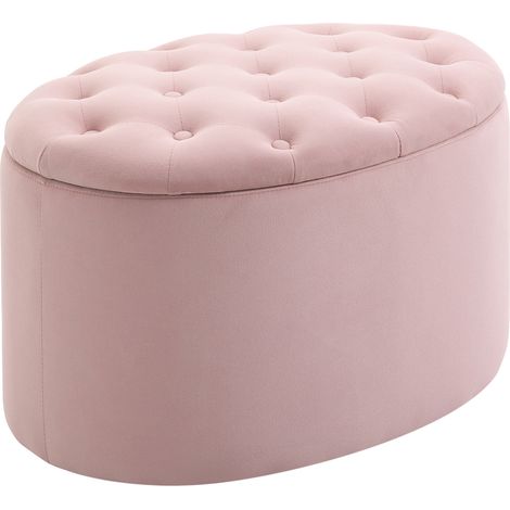 Pouf Contenitore con Coperchio Imbottito e Trapuntato, Poggiapiedi in Velluto Ovale per Salotto e Camera da Letto, Rosa