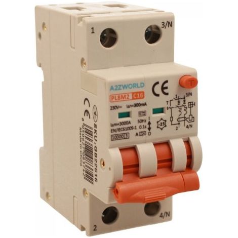 RCBO Interruttore Magnetotermico Differenziale Con Doppia Leva Tipo A Curva C 2P 2M 6000A 300mA, Diagnostica Visiva, C16A  AC 230V IP20 IEC61009-1 PL8M2 GB65616