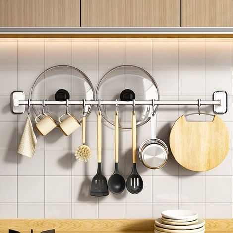 Étagère de cuisine suspendue - Organisateur de cuisine adhésif - Avec 6 crochets - Support mural amovible - Pour ustensiles de cuisine, cuillères, tasses et torchons - Blanc - Charge maximale : 10 kg (1/5)