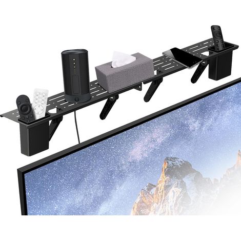 Étagère Supérieure de Télévision, Étagère Supérieure de l'Écran, Rack de Stockage Pliable pour Moniteur pour Câbles, Boîtiers Multimédia, Consoles de Jeux, Télécommandes, Noir (1/5)