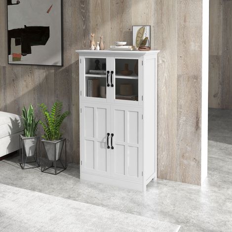 Buffet de cuisine armoire multi-rangements 2 placards, portes en verre, 4 étagères en bois blanc