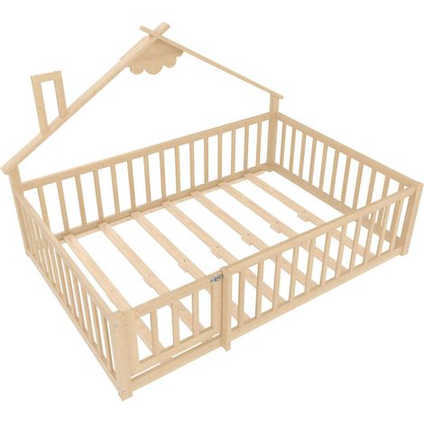 Hausbett 140×190 cm, Kinderbett mit Schutzgitter und Verschluss, ohne Matratze, Kiefer und MDF, Natur (1/4)