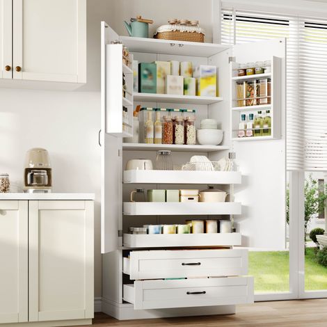 Armoire de cuisine blanche 80x37x180 cm, MDF, 2 portes, 2 tiroirs, étagères réglables et éclairage à détecteur (1/5)
