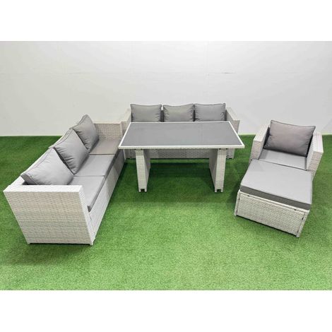 Fimous Patio Garden Furniture Sets with Black Glass Top Dining Table 3 Seater Sofa Armchair Big Stool Light Grey (1/5)