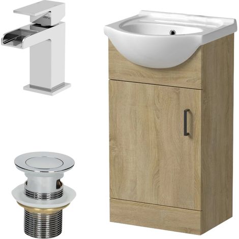 450mm Oak Bathroom Vanity Unit Basin Freestanding Chrome Waterfall Tap & Waste (1/5)