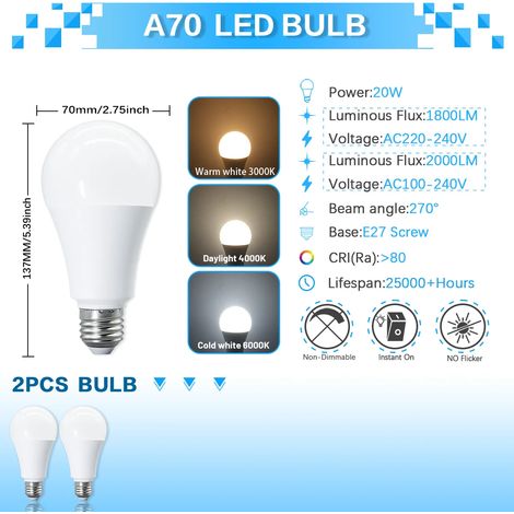 (2 ampoules, lumière naturelle 4000K) Ampoules LED A70, sans scintillement, indice de rendu des couleurs CRI 80+, convient aux chambres, couloirs, etc. (1/5)